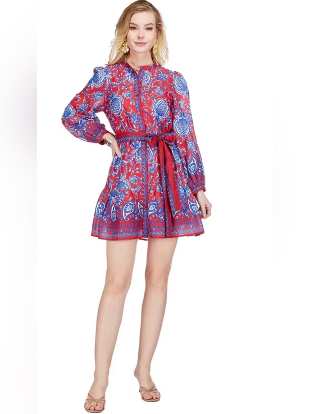 Joy Joy Button Front Flutter Hem Mini Dress Blue Vines XS NWOT